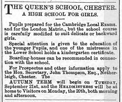 queens school advert 1897